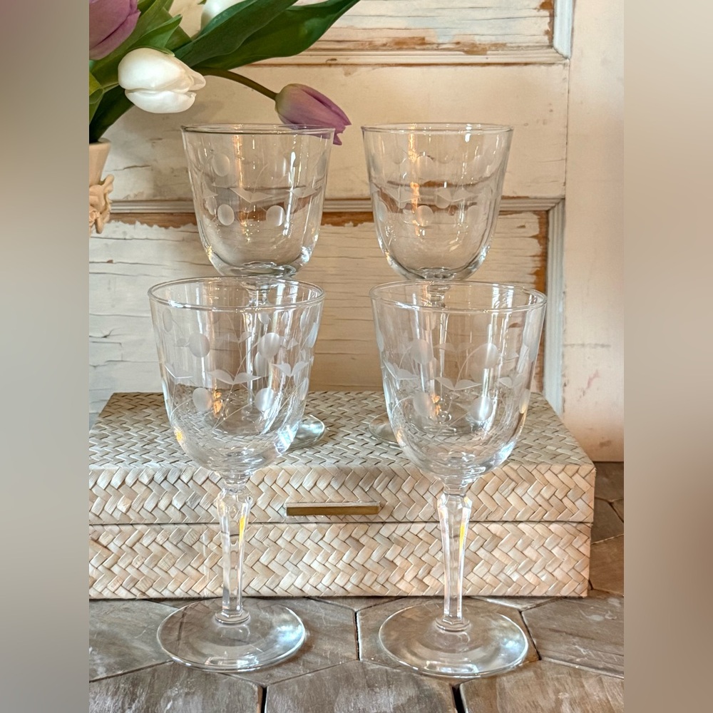 Vintage Libbey Rock Sharpe Jenny #5123 Cut, #3001 Stem Water/Wine Goblets, SET/4
